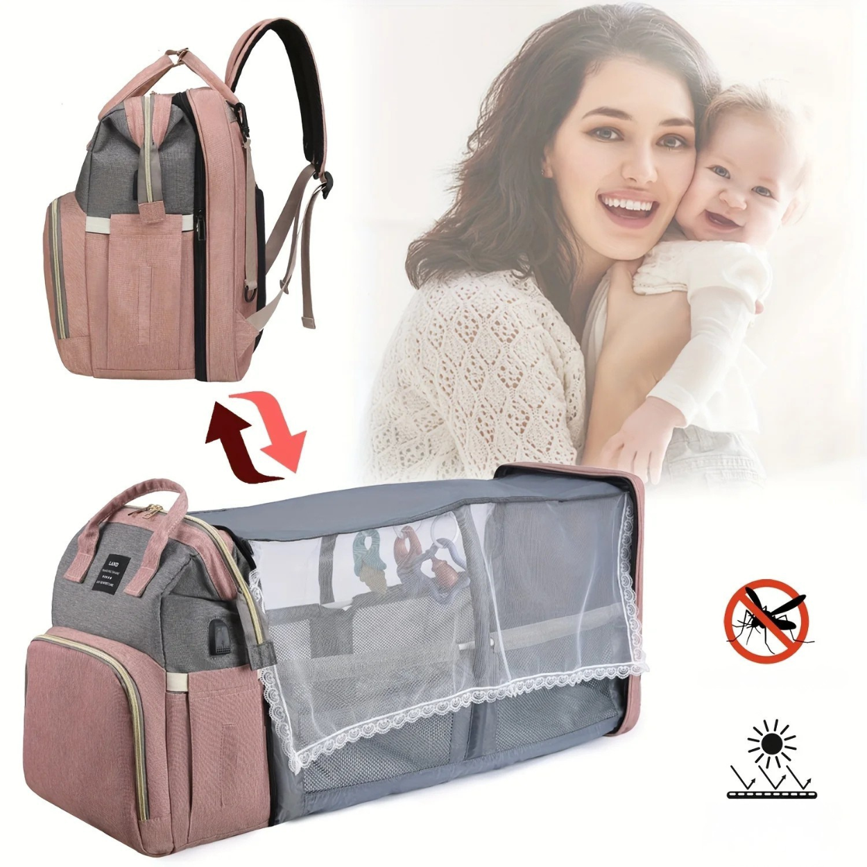 Wickeltasche mit Umbaufunktion, Reisebett und Kinderwagen