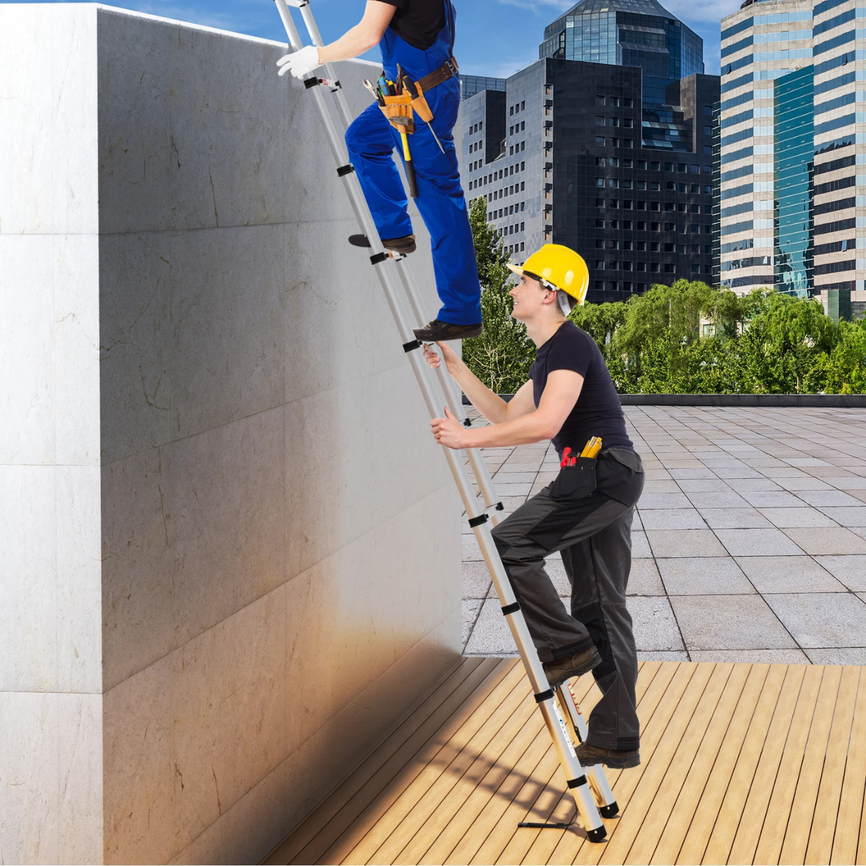 Robuste Teleskopleiter aus Stahl für die Arbeit