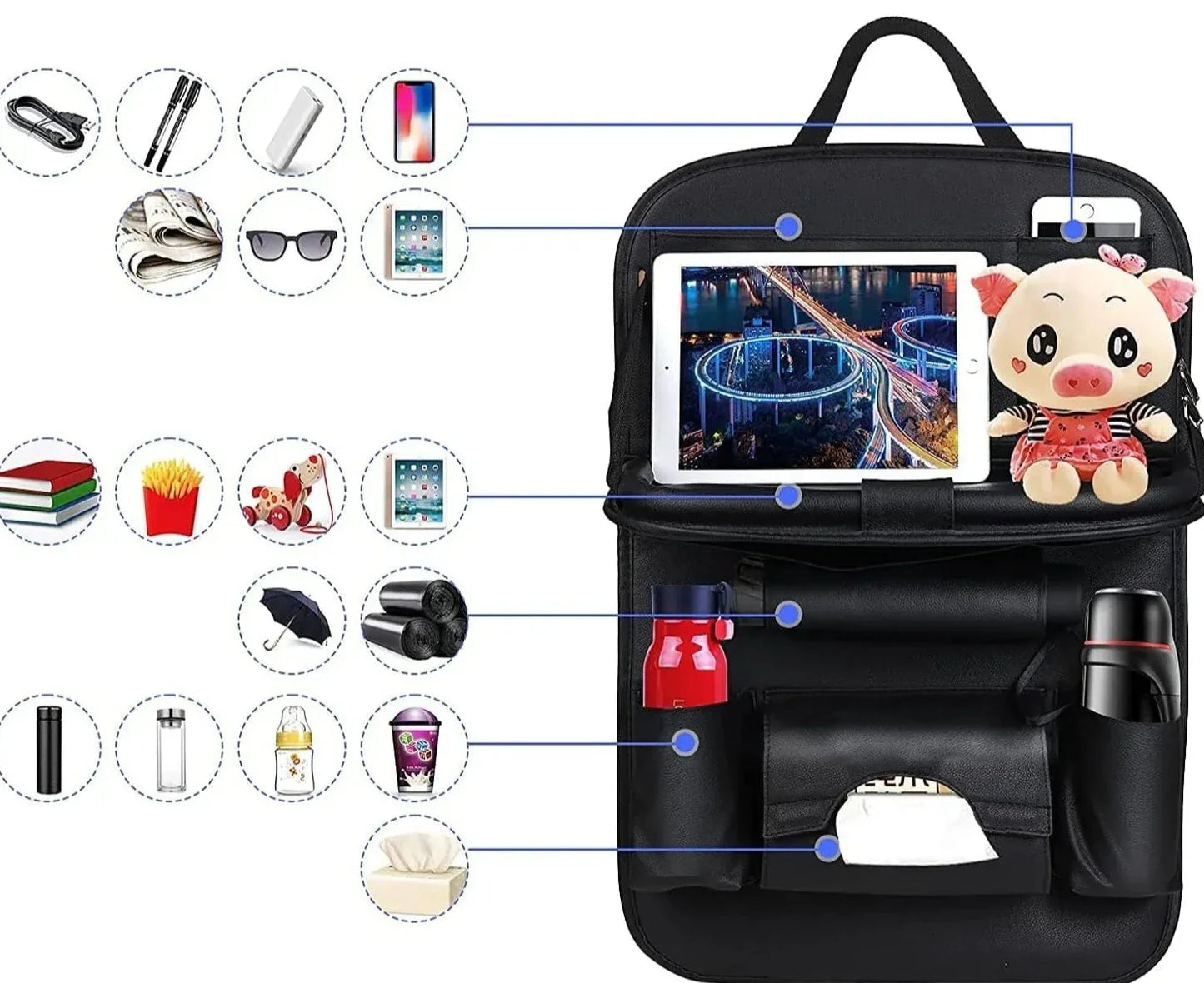 Autositzhalterung mit Klapptablett aus Leder