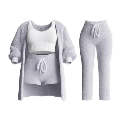 Komplettes Damen-Sportoutfit: Pullover, Sport-BH, Hose und Cardigan