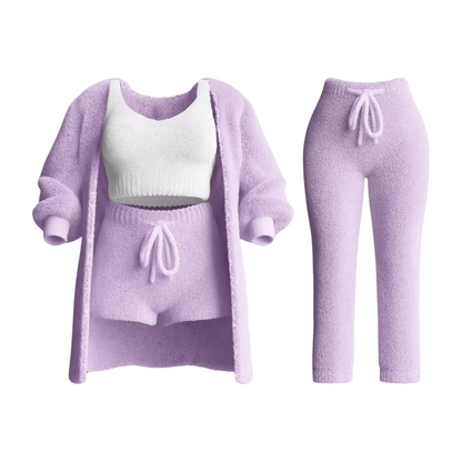 Komplettes Damen-Sportoutfit: Pullover, Sport-BH, Hose und Cardigan
